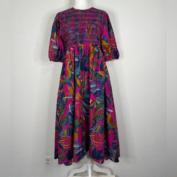 FARM Rio Dresses & Skirts - NWT FARM Rio Rainbow Macaws Smocked Puff Sleeve Midi Dress Tropical Resortwear